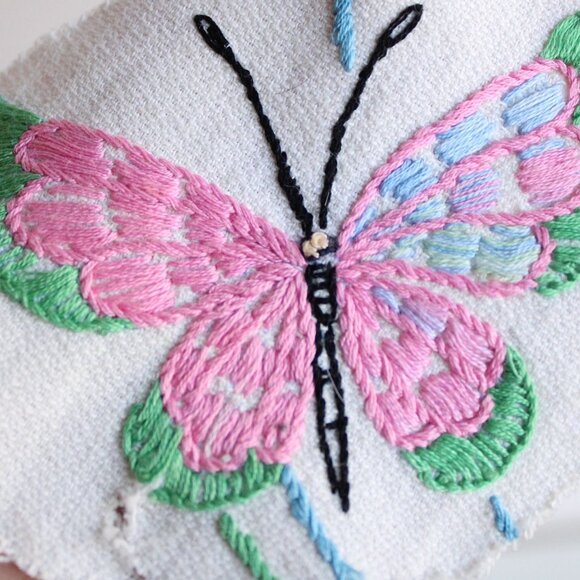Vintage Patch, Butterfly Embroidered Applique Pink Blue Green on White - Picture 4 of 9